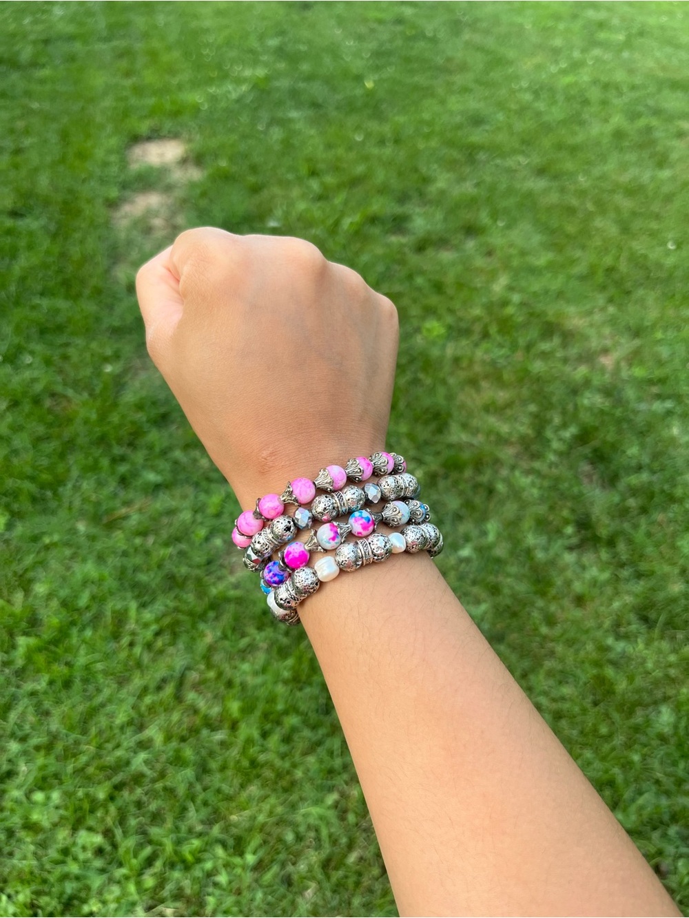 Pink and Silver Beaded Bracelet